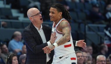 UConn Huskies head coach Dan Hurley reacts with guard Solo Ball (1)