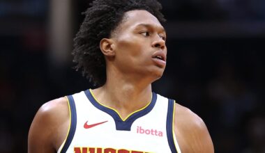 Jan 22, 2026; Washington, District of Columbia, USA; Denver Nuggets guard Peyton Watson (8) looks on during the second half against the Washington Wizards at Capital One Arena. Mandatory Credit: Daniel Kucin Jr.-Imagn Images