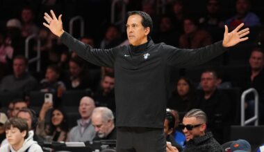 Miami Heat head coach Erik Spoelstra directs his team  (Mandatory Credit: Jim Rassol-Imagn Images)
