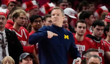 Michigan Wolverines head coach Dusty May motions during the second half of the NCAA men's basketball game against the Ohio State Buckeyes at the Schottenstein Center in Columbus on Feb. 8, 2026. Ohio State lost 82-61.