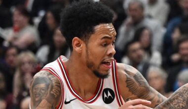 Feb 5, 2026; Toronto, Ontario, CAN;  Toronto Raptors forward Brandon Ingram (3) dribbles past Chicago Bulls guard Anfernee Simons (2) in the first half at Scotiabank Arena. Mandatory Credit: Dan Hamilton-Imagn Images