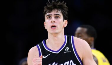 Oct 17, 2025; Los Angeles, California, USA; Sacramento Kings center Maxime Raynaud (42) reacts during the second half against the Los Angeles Lakers at Crypto.com Arena. Mandatory Credit: William Liang-Imagn Images