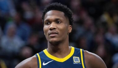 Former Indiana Pacers guard Bennedict Mathurin (00) looks on in the second half against the Cleveland Cavaliers at Gainbridge Fieldhouse.