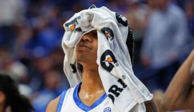 Dec 29, 2023; Lexington, Kentucky, USA; Kentucky Wildcats guard Rob Dillingham (0) reacts from the bench during the second half against the Illinois State Redbirds at Rupp Arena at Central Bank Center. Mandatory Credit: Jordan Prather-Imagn Images