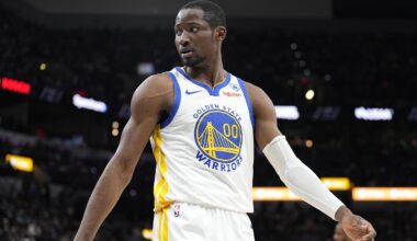 Mar 11, 2024; San Antonio, Texas, USA; Golden State Warriors forward Jonathan Kuminga (00) reacts to a call by an official during the first half against the San Antonio Spurs at Frost Bank Center. Mandatory Credit: Scott Wachter-Imagn Images