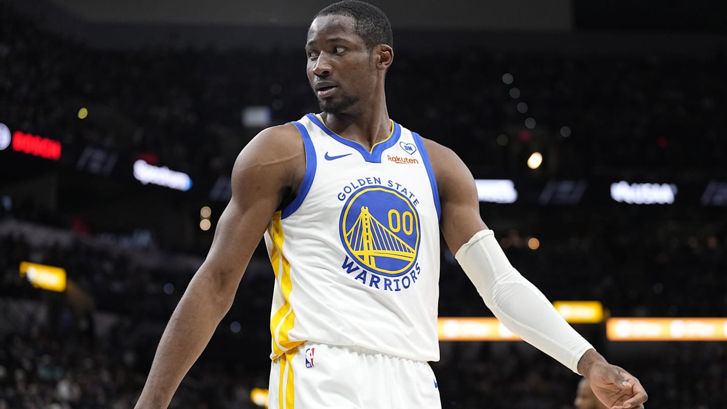 Mar 11, 2024; San Antonio, Texas, USA; Golden State Warriors forward Jonathan Kuminga (00) reacts to a call by an official during the first half against the San Antonio Spurs at Frost Bank Center. Mandatory Credit: Scott Wachter-Imagn Images