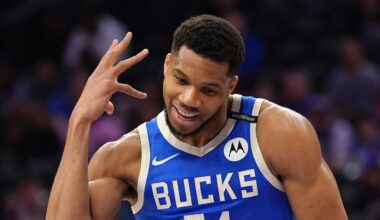 Milwaukee Bucks forward Giannis Antetokounmpo (34) reacts against the Philadelphia 76ers in the fourth quarter at Wells Fargo Center. April 3, 2025.
