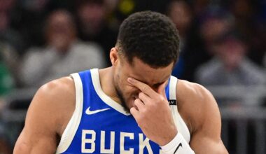 Milwaukee Bucks forward Giannis Antetokounmpo (34) reacts in the second quarter against the Oklahoma City Thunder at Fiserv Forum. March 16, 2025.