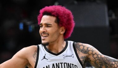 Former San Antonio Spurs forward Jeremy Sochan reacts after being called for a foul during the first half of a game against the Boston Celtics at the TD Garden.
