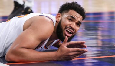 Jan 21, 2026; New York, New York, USA;  New York Knicks center Karl-Anthony Towns (32) reacts after geting called for an offensive foul in the second quarter against the Brooklyn Nets at Madison Square Garden. Mandatory Credit: Wendell Cruz-Imagn Images