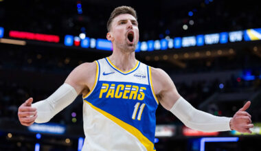 Feb 2, 2026; Indianapolis, Indiana, USA;  Indiana Pacers center Micah Potter (11) reacts in the second half against the Houston Rockets at Gainbridge Fieldhouse. Mandatory Credit: Trevor Ruszkowski-Imagn Images