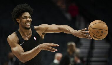Feb 6, 2025; Portland, Oregon, USA; Portland Trail Blazers guard Scoot Henderson (00) warms ups before a game against the Sacramento Kings at Moda Center. Mandatory Credit: Troy Wayrynen-Imagn Images