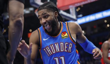 Oct 30, 2025; Oklahoma City, Oklahoma, USA; Oklahoma City Thunder guard Isaiah Joe (11) reacts after a play against the Washington Wizards during the second half at Paycom Center. Mandatory Credit: Alonzo Adams-Imagn Images