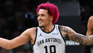 Jan 10, 2026; Boston, Massachusetts, USA; San Antonio Spurs forward Jeremy Sochan (10) reacts after being called for a foul during the first half of a game against the Boston Celtics at the TD Garden. Mandatory Credit: Brian Fluharty-Imagn Images