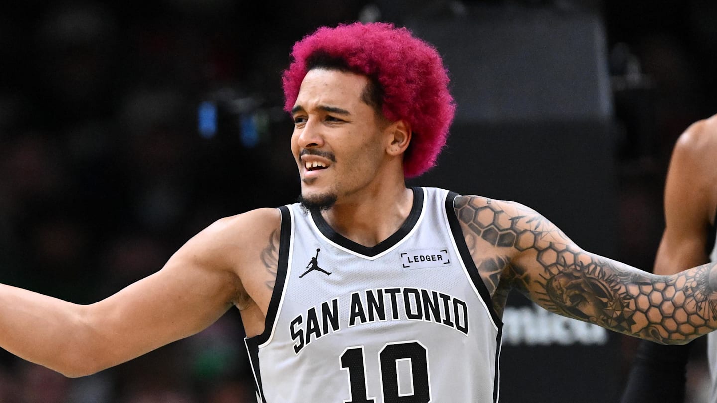 Jan 10, 2026; Boston, Massachusetts, USA; San Antonio Spurs forward Jeremy Sochan (10) reacts after being called for a foul during the first half of a game against the Boston Celtics at the TD Garden. Mandatory Credit: Brian Fluharty-Imagn Images