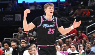 Miami Heat guard Kasparas Jakucionis (25) reacts (Mandatory Credit: Rafael Suanes-Imagn Images)