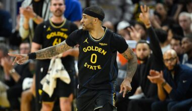 Feb 11, 2026; San Francisco, California, USA; Golden State Warriors guard Gary Payton II (0) celebrates a three-point basket against the San Antonio Spurs in the second quarter at Chase Center. Mandatory Credit: Eakin Howard-Imagn Images
