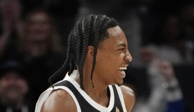 Mar 21, 2025; Minneapolis, Minnesota, USA; Minnesota Timberwolves guard Rob Dillingham (4) celebrates his basket against the New Orleans Pelicans in the fourth quarter at Target Center. Mandatory Credit: Bruce Kluckhohn-Imagn Images