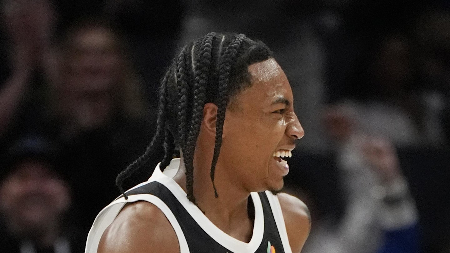 Mar 21, 2025; Minneapolis, Minnesota, USA; Minnesota Timberwolves guard Rob Dillingham (4) celebrates his basket against the New Orleans Pelicans in the fourth quarter at Target Center. Mandatory Credit: Bruce Kluckhohn-Imagn Images