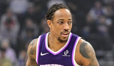Feb 11, 2026; Salt Lake City, Utah, USA; Sacramento Kings guard/forward DeMar DeRozan (10) stares down Utah Jazz forward Jaren Jackson Jr. (20) during the first half at Delta Center. Mandatory Credit: Peter Creveling-Imagn Images
