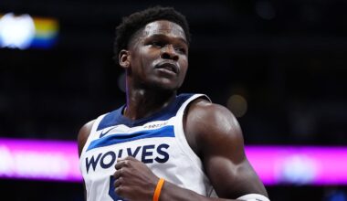 Dec 25, 2025; Denver, Colorado, USA; Minnesota Timberwolves guard Anthony Edwards (5) during the first half at Ball Arena. Mandatory Credit: Ron Chenoy-Imagn Images