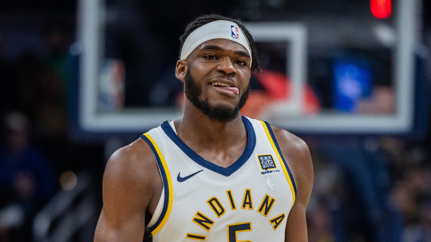 Indiana Pacers forward Jarace Walker (5) celebrates a made basket in the second half against the Orlando Magic at Gainbridge Fieldhouse.