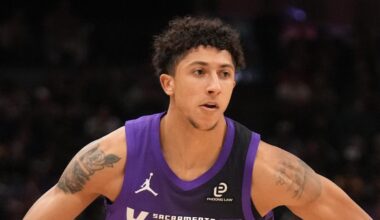 Jan 12, 2026; Sacramento, California, USA; Sacramento Kings guard Nique Clifford (5) dribbles the ball against the Los Angeles Lakers in the third quarter at the Golden 1 Center. Mandatory Credit: Cary Edmondson-Imagn Images