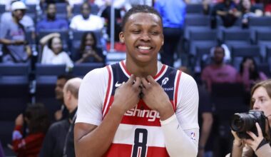 Apr 13, 2025; Miami, Florida, USA; Washington Wizards guard Bub Carrington (8) reacts after the Wizards win against the Miami Heat at Kaseya Center. Mandatory Credit: Rhona Wise-Imagn Images