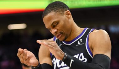 Feb 4, 2026; Sacramento, California, USA; Sacramento Kings guard Russell Westbrook (18) reacts to a call during the third quarter against the Memphis Grizzlies at Golden 1 Center. Mandatory Credit: Ed Szczepanski-Imagn Images