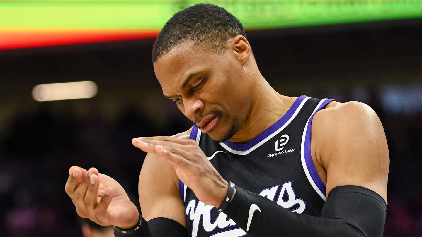 Feb 4, 2026; Sacramento, California, USA; Sacramento Kings guard Russell Westbrook (18) reacts to a call during the third quarter against the Memphis Grizzlies at Golden 1 Center. Mandatory Credit: Ed Szczepanski-Imagn Images