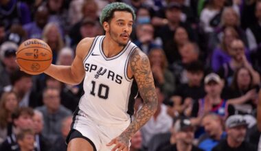 Mar 7, 2025; Sacramento, California, USA; San Antonio Spurs forward Jeremy Sochan (10) pushes the ball up the court during the fourth quarter of the game against the Sacramento Kings at Golden 1 Center. Mandatory Credit: Ed Szczepanski-Imagn Images