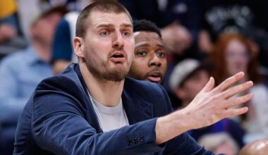 Jan 11, 2026; Denver, Colorado, USA; Denver Nuggets center Nikola Jokic reacts from the bench in the fourth quarter against the Milwaukee Bucks at Ball Arena. Mandatory Credit: Isaiah J. Downing-Imagn Images