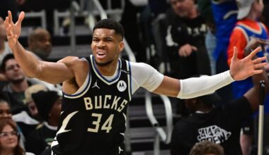 Apr 10, 2025; Milwaukee, Wisconsin, USA; Milwaukee Bucks forward Giannis Antetokounmpo (34) reacts in the second quarter against the New Orleans Pelicans at Fiserv Forum. Mandatory Credit: Benny Sieu-Imagn Images