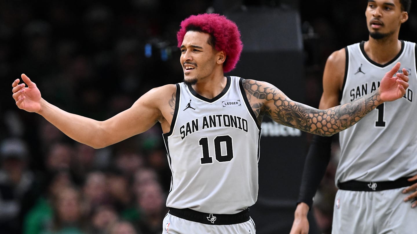 Jan 10, 2026; Boston, Massachusetts, USA; San Antonio Spurs forward Jeremy Sochan (10) reacts after being called for a foul during the first half of a game against the Boston Celtics at the TD Garden. Mandatory Credit: Brian Fluharty-Imagn Images