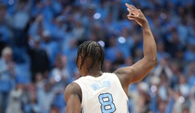Feb 7, 2026; Chapel Hill, North Carolina, USA; North Carolina Tar Heels forward Caleb Wilson (8) reacts after making a three point basket in the first half at Dean E. Smith Center. Mandatory Credit: Bob Donnan-Imagn Images