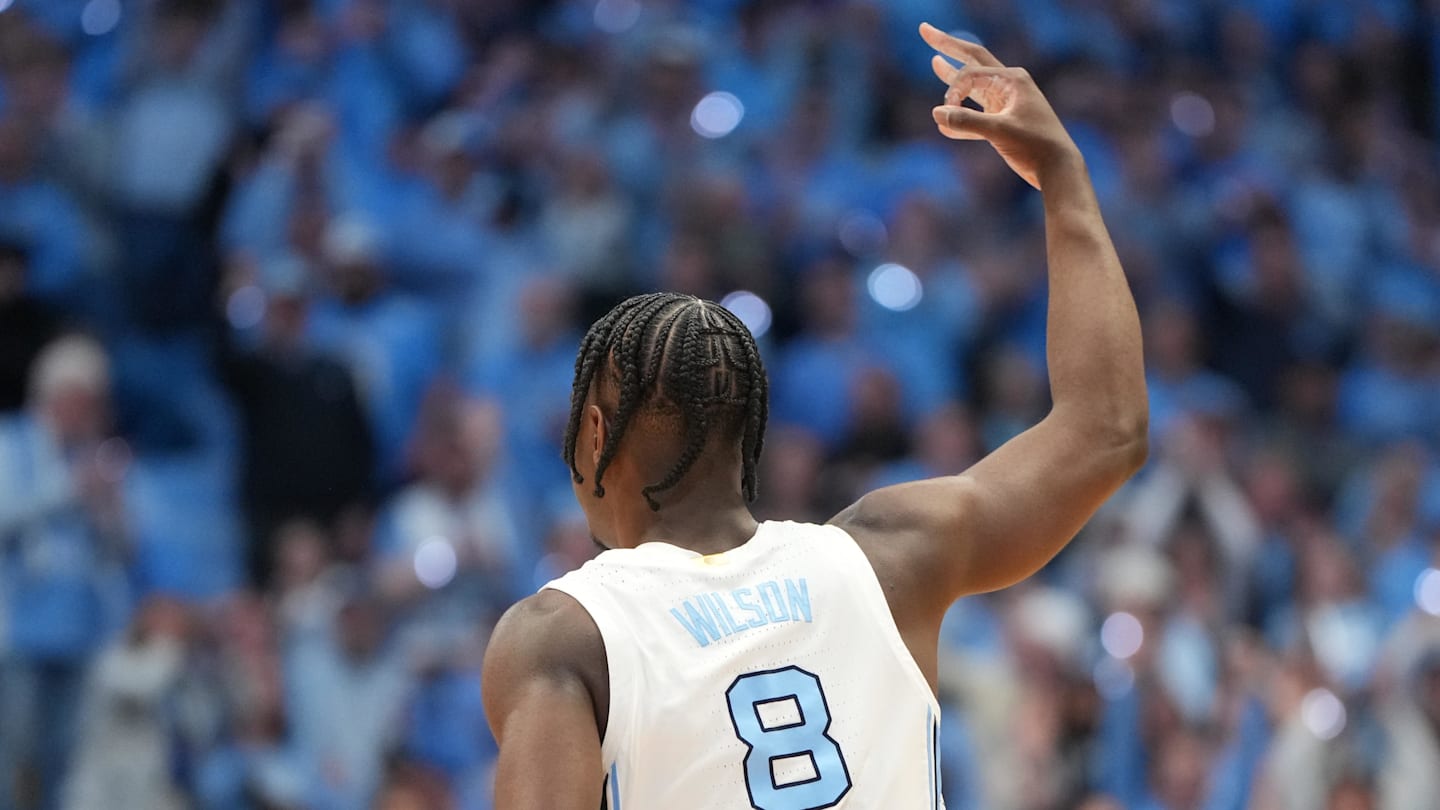 Feb 7, 2026; Chapel Hill, North Carolina, USA; North Carolina Tar Heels forward Caleb Wilson (8) reacts after making a three point basket in the first half at Dean E. Smith Center. Mandatory Credit: Bob Donnan-Imagn Images