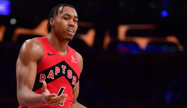 Jan 18, 2026; Los Angeles, California, USA; Toronto Raptors forward Scottie Barnes (4) reacts after a techical foul called against him during the second half at Crypto.com Arena. Mandatory Credit: Gary A. Vasquez-Imagn Images
