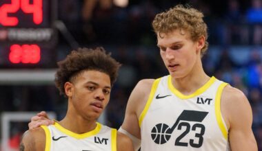 Nov 4, 2023; Minneapolis, Minnesota, USA; Utah Jazz forward Lauri Markkanen (23) and guard Keyonte George (3) talk during a break against the Minnesota Timberwolves in the fourth quarter at Target Center. Mandatory Credit: Matt Blewett-Imagn Images