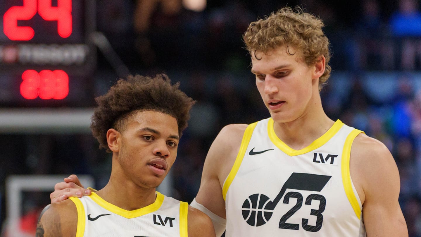 Nov 4, 2023; Minneapolis, Minnesota, USA; Utah Jazz forward Lauri Markkanen (23) and guard Keyonte George (3) talk during a break against the Minnesota Timberwolves in the fourth quarter at Target Center. Mandatory Credit: Matt Blewett-Imagn Images