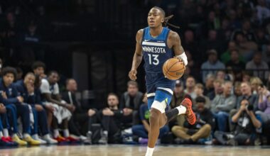 Feb 11, 2026; Minneapolis, Minnesota, USA; Minnesota Timberwolves guard Ayo Dosunmu (13) dribbles the ball against the Portland Trail Blazers in the second half at Target Center. Mandatory Credit: Jesse Johnson-Imagn Images