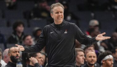 Feb 3, 2025; Charlotte, North Carolina, USA;Washington Wizards head coach Brian Keefe reacts to a call during the second half against the Charlotte Hornets at Spectrum Center. Mandatory Credit: Jim Dedmon-Imagn Images