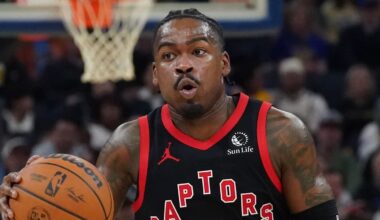 Jan 20, 2026; San Francisco, California, USA;  Toronto Raptors guard Jamal Shead (23) brings the ball upcourt against the Golden State Warriors in the third quarter at Chase Center. Mandatory Credit: David Gonzales-Imagn Images