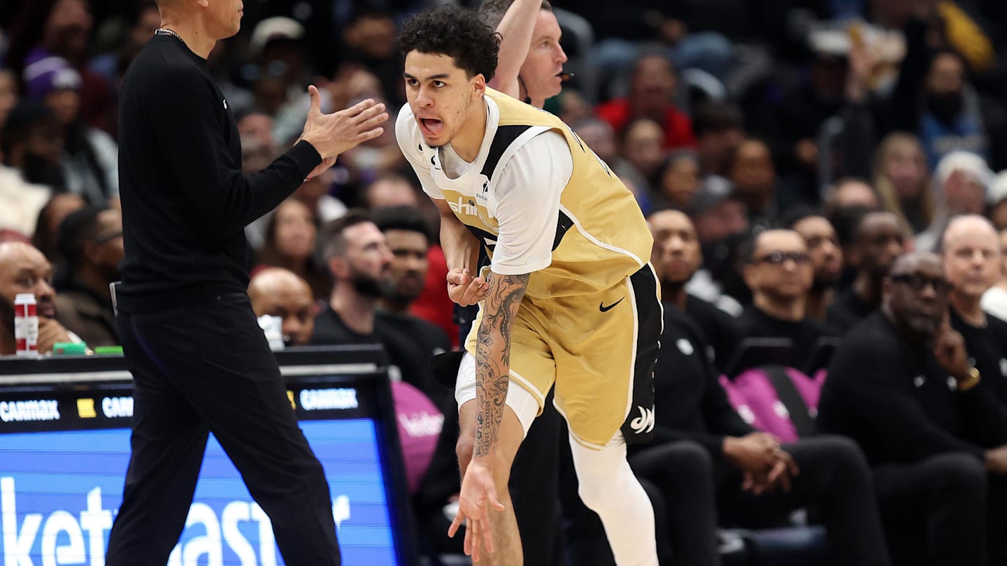 Feb 1, 2026; Washington, District of Columbia, USA; Washington Wizards guard Will Riley (27) celebrates during the second half against the Sacramento Kings at Capital One Arena. Mandatory Credit: Daniel Kucin Jr.-Imagn Images
