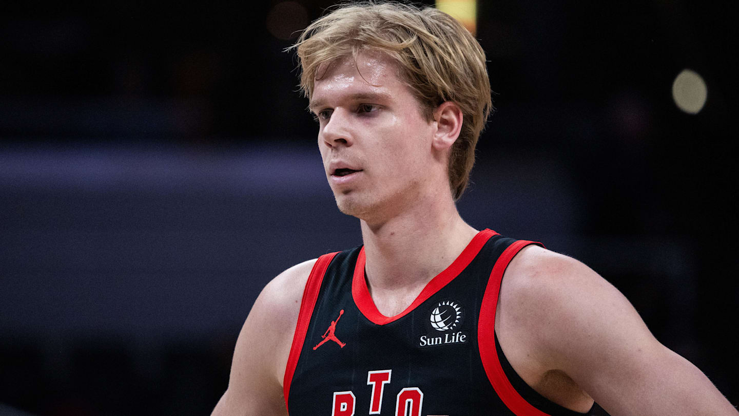 Jan 14, 2026; Indianapolis, Indiana, USA;Toronto Raptors guard/forward Gradey Dick (1) in the first half against the Indiana Pacers at Gainbridge Fieldhouse. Mandatory Credit: Trevor Ruszkowski-Imagn Images