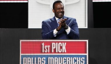 May 12, 2025; Chicago, Illinois, US; Rolando Blackman of the Dallas Mavericks reacts after winning the the first pick during the 2025 NBA Draft Lottery at McCormick Place. Mandatory Credit: David Banks-Imagn Images
