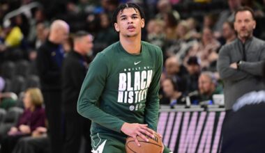 Feb 6, 2026; Milwaukee, Wisconsin, USA; Milwaukee Bucks forward Ousmane Dieng (21) warms up during halftime against the Indiana Pacers at Fiserv Forum. Mandatory Credit: Benny Sieu-Imagn Images