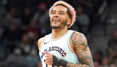 Mar 21, 2025; San Antonio, Texas, USA; San Antonio Spurs forward Jeremy Sochan (10) reacts during the fourth quarter against the Philadelphia 76ers at Frost Bank Center. Mandatory Credit: Dustin Safranek-Imagn Images