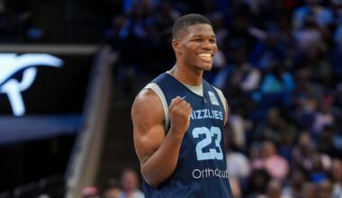 Grizzlies' Cedric Coward (23) takes part in the rookie dance challenge during open practice at the FedExForum on October 4, 2025, in Memphis, Tenn.