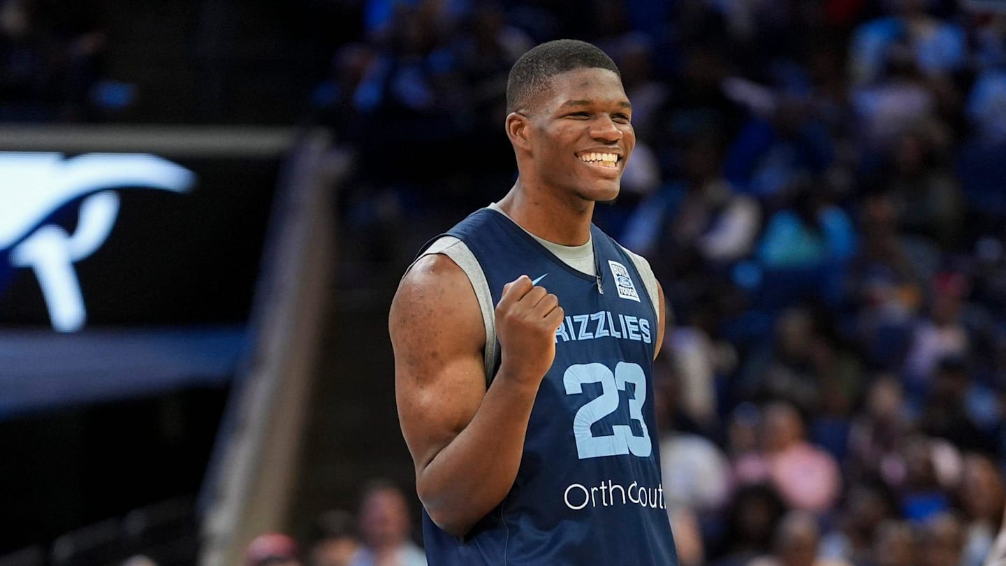 Grizzlies' Cedric Coward (23) takes part in the rookie dance challenge during open practice at the FedExForum on October 4, 2025, in Memphis, Tenn.