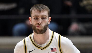 Feb 7, 2026; West Lafayette, Indiana, USA; Purdue Boilermakers guard Braden Smith (3) reacts after a call during the first half against the Oregon Ducks at Mackey Arena. Mandatory Credit: Marc Lebryk-Imagn Images